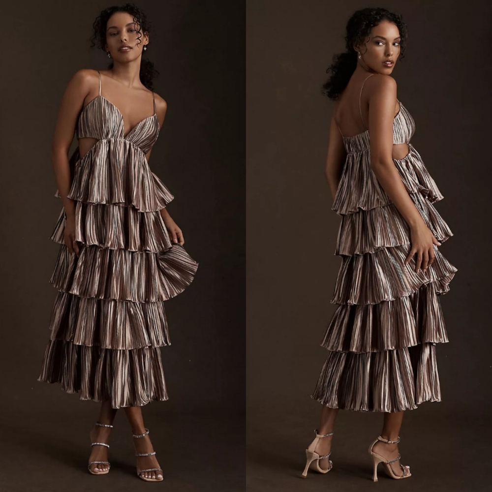 BHLDN Anthropoligie by Carly Cushnie Brenna Tiered Pleated Cutout Midi D…